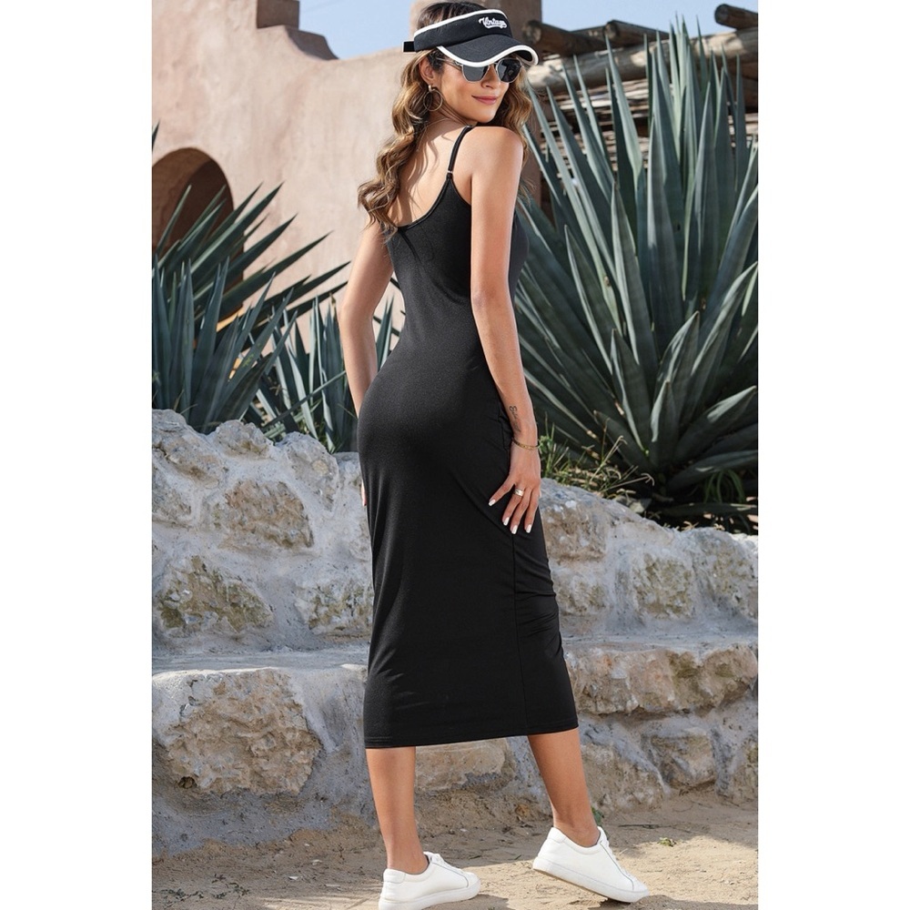 Black Spaghetti Straps Bodycon Midi Dress - Picture 3 of 3